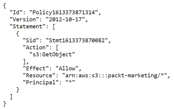 Figure 5.2 - Bucket policy example granting anonymous access to the contents of the 'packt-marketing' S3 bucket