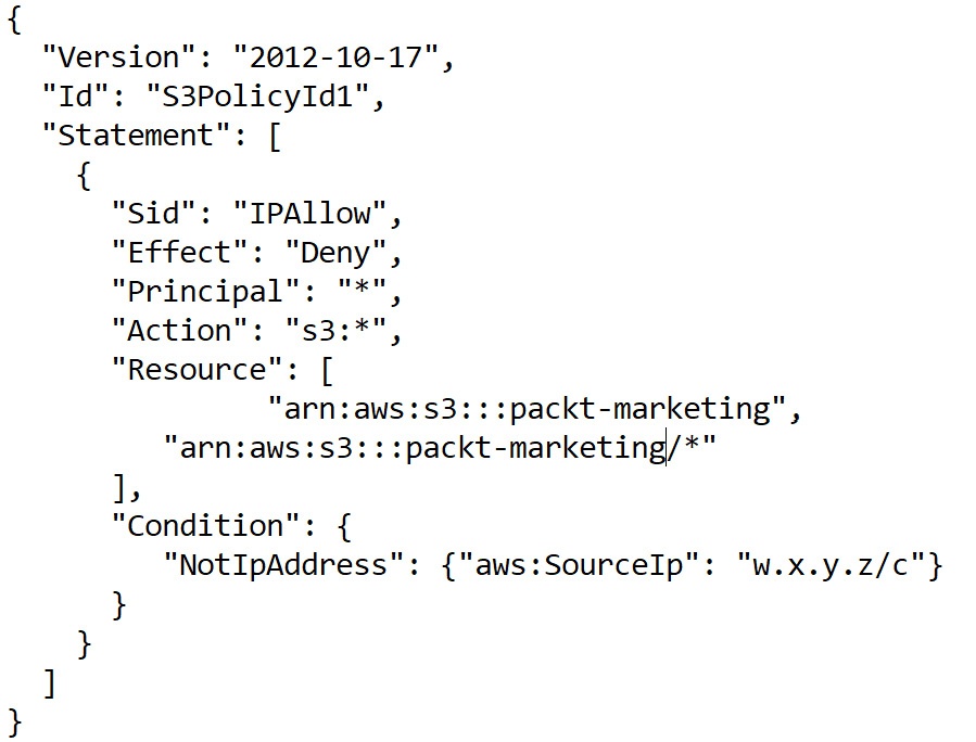 Figure 5.3 - Bucket policy defined with a conditional statement